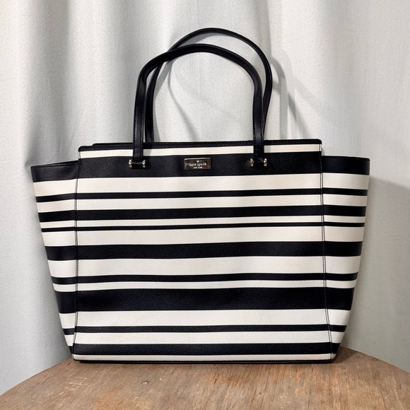 kate spade Handbags - Kate Spade Vegan Leather Black & White Striped Tote Bag